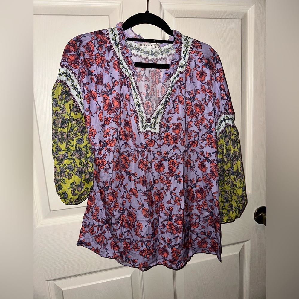 Alice + Olivia Floral Blouse Purple and yellow boho office girly ditsy floral XS